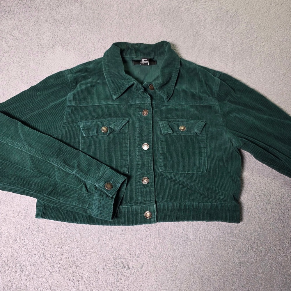 Forever 21 Womens L Cropped Corduroy Jacket Green Button Front Trucker Pocket